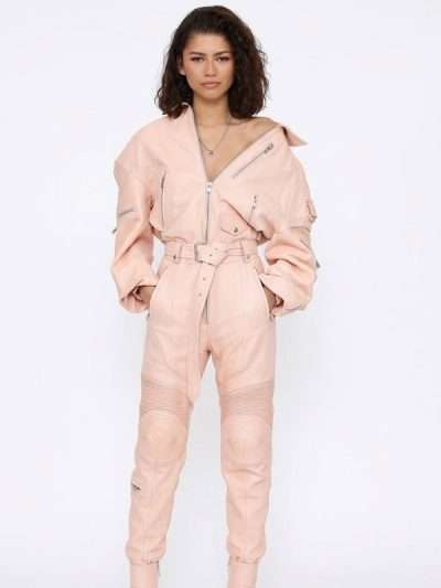 Dune 2 Press Conference Zendaya Pink Leather Jumpsuit