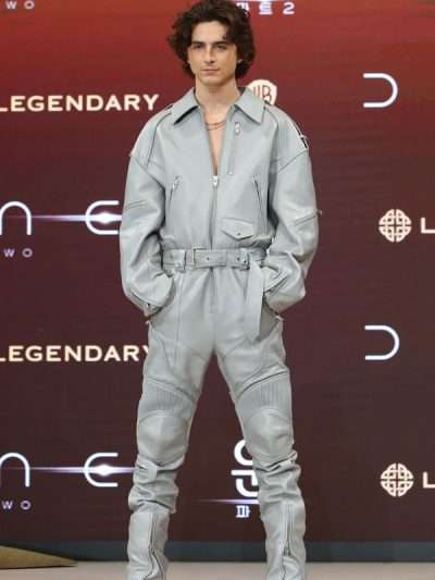 Dune 2 Press Tour Timothee Chalamet Oversized Light Blue Leather Jumpsuit