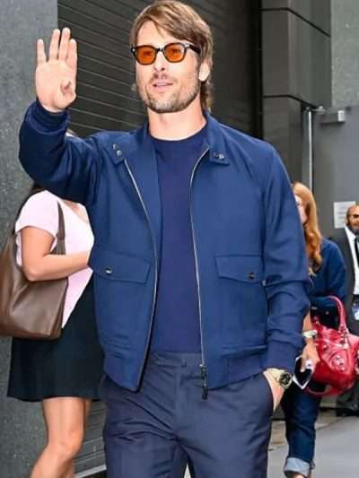 Glenn Powell Good Morning America New York City Blue Bomber Jacket