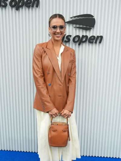 Jessica Alba US Open Tennis Championships Brown Leather Blazer