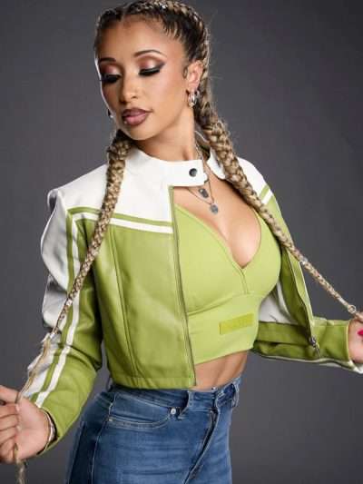 Kelani Jordan Green and White Colorblocked Cropped Moto Jacket