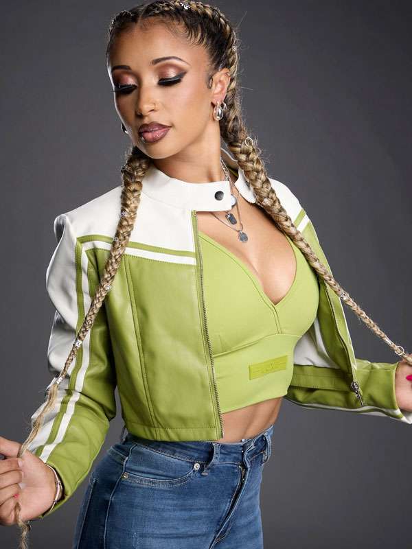 Kelani Jordan Green and White Colorblocked Cropped Moto Jacket