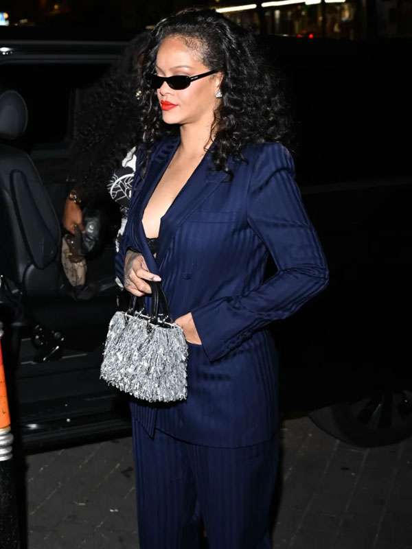 Paris Street Style 2026 Rihanna Navy Pinstripe Suit