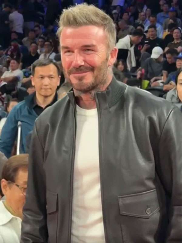David Beckham NBA Games China 2026 Black Bomber Leather Jacket