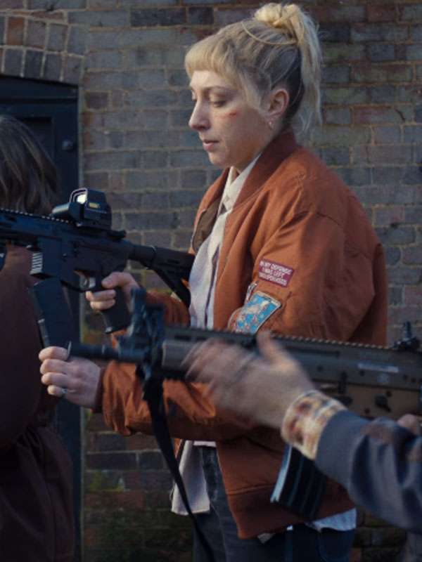 Ella Lily Hyland TV Series Black Doves 2026 Orange Bomber Jacket