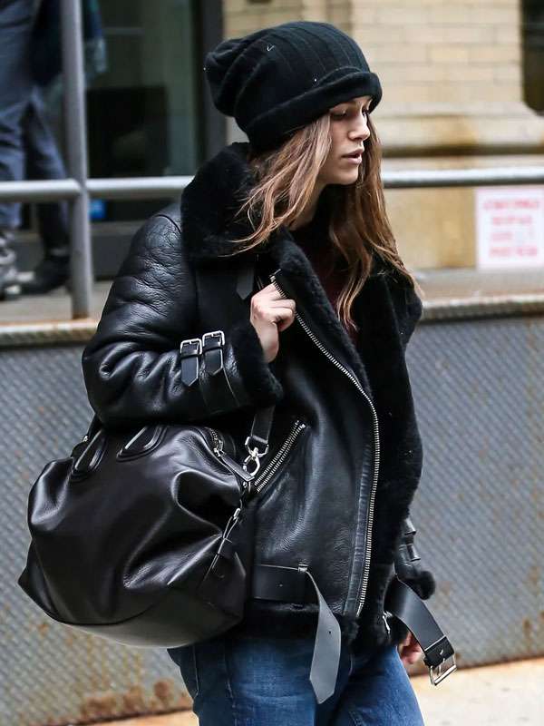 Keira Knightley NYC Black Shearling Leather Jacket