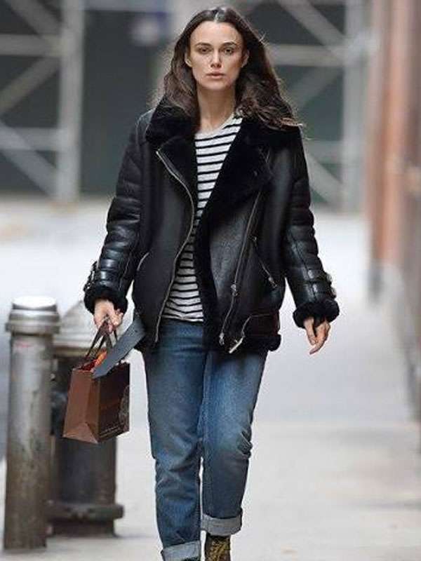 Keira Knightley Black Shearling Leather Jacket