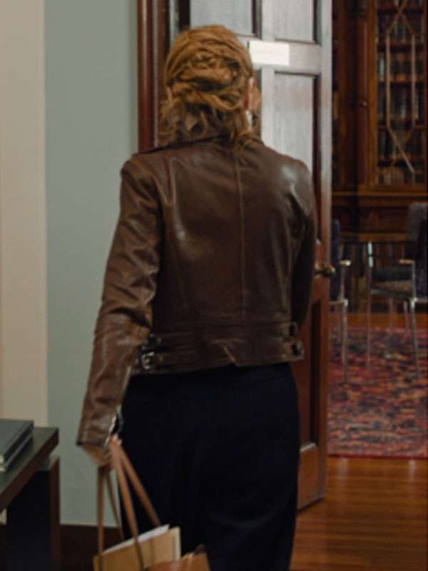 Lesley Manville Marble Hall Murders Brown Biker Jacket
