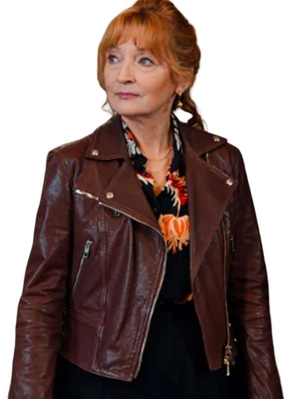 Lesley Manville Marble Hall Murders Brown Biker Jacket