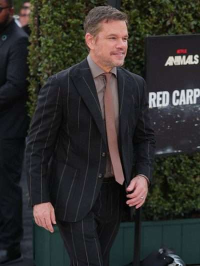 Matt Damon Animals Movie Premiere 2026 Black Pinstripe Suit